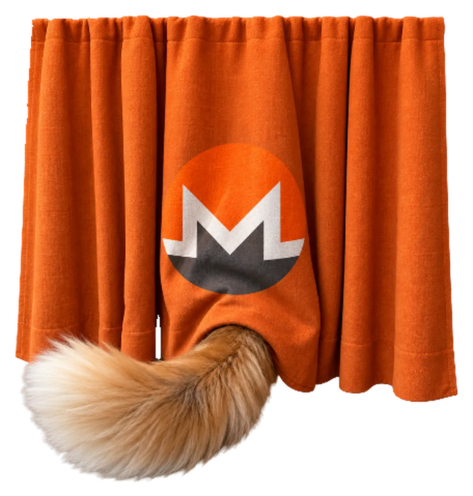 An orange curtain with the Monero emblem, a fluffy tan tail poking out from underneath
